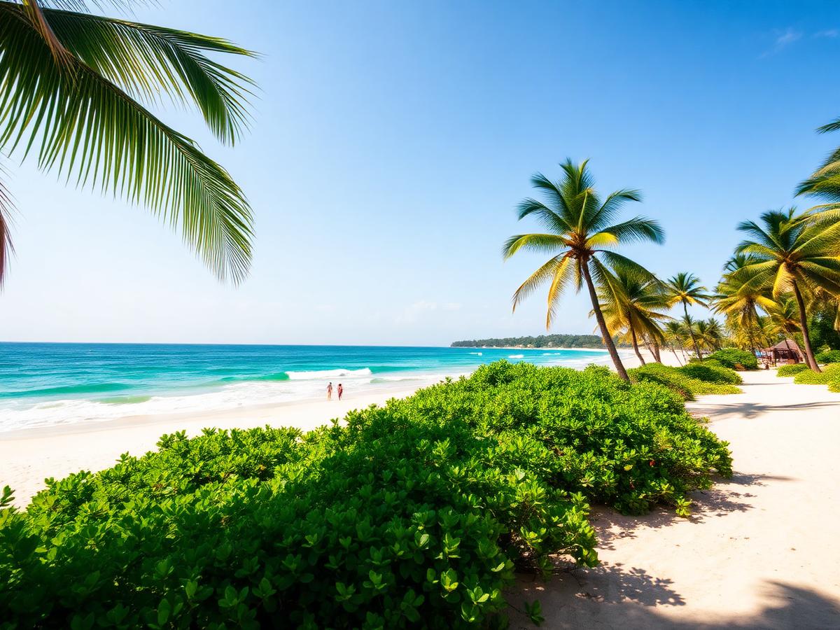 Palmbomen en turquoise zee aan een strand in het zuiden van Sri Lanka