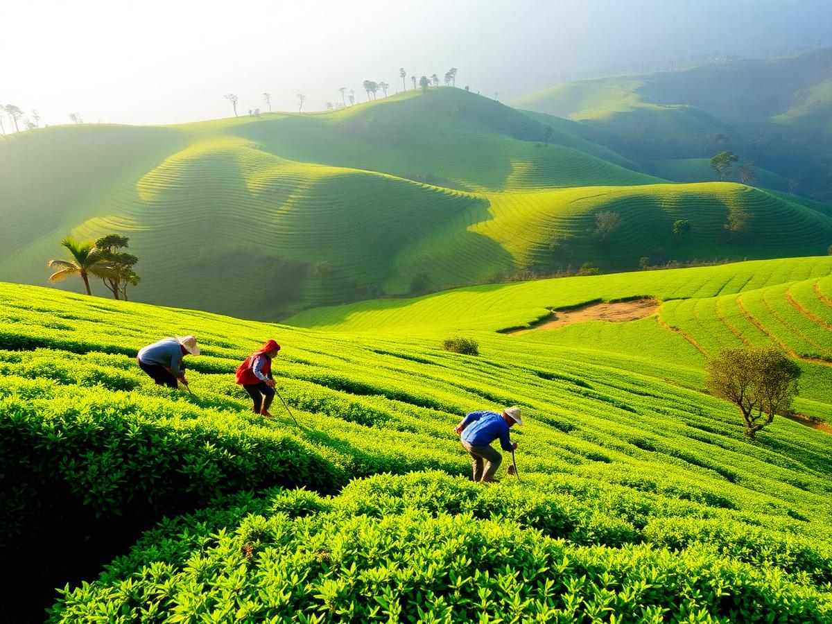 Theeplukkers in de groene theevelden van Nuwara Eliya in Sri Lanka