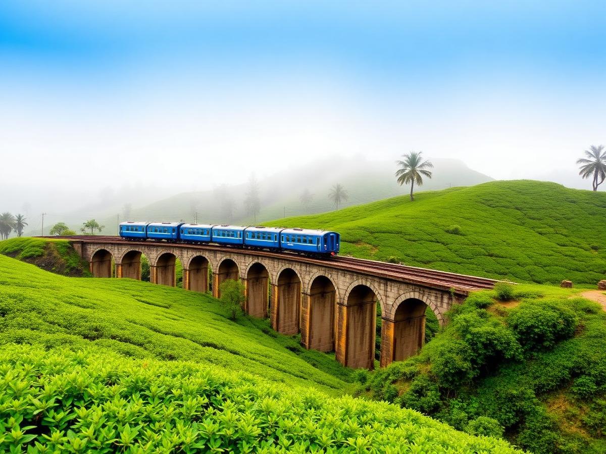 Blauwe trein over de Nine Arch Bridge tussen de theevelden van Ella, Sri Lanka